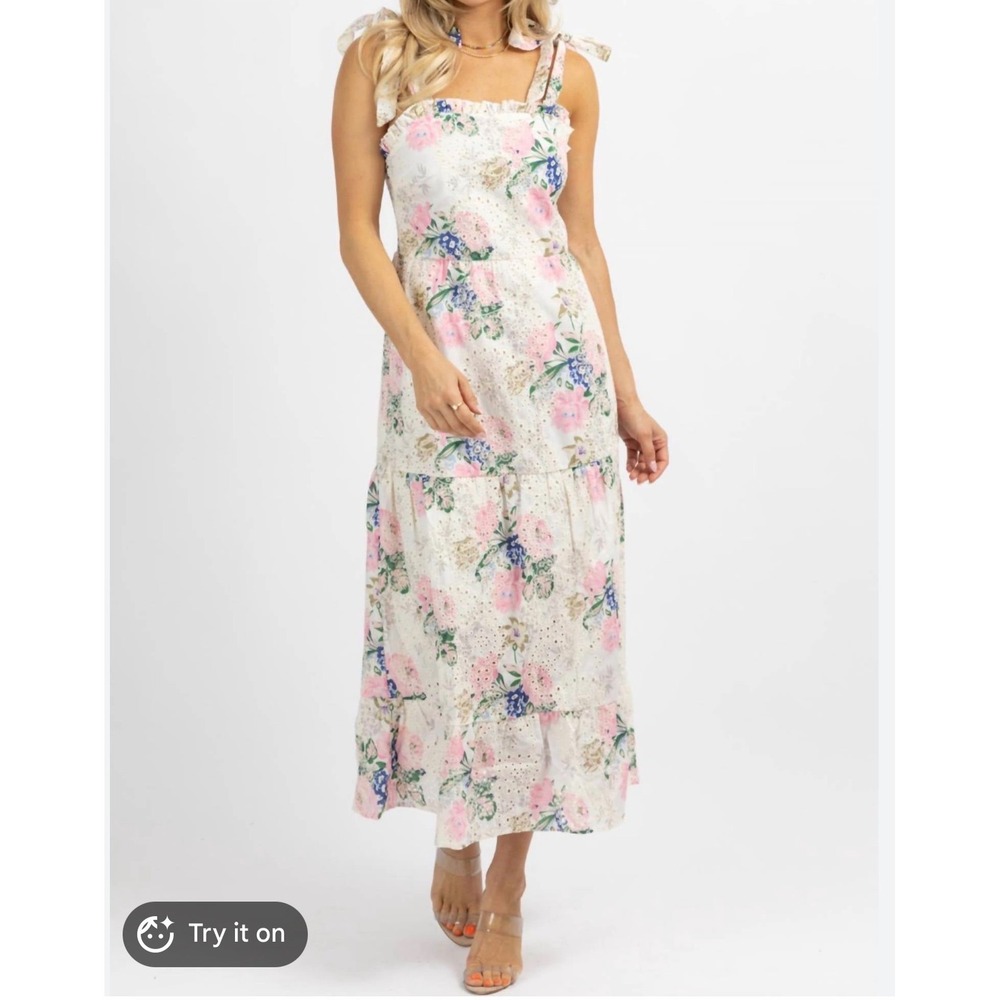 Sunday Up Floral Eyelet Lace Tie‎ Shoulder Smocked Midi Dress Pink White Medium